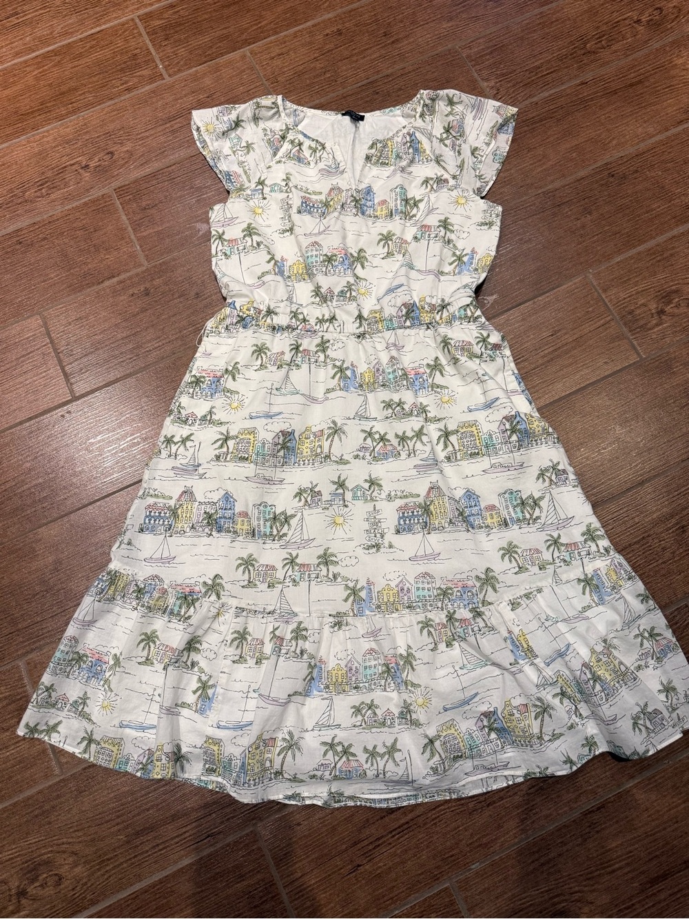 Talbots Cream Midi Dress with Blue, Green and Yellow Seaside Print